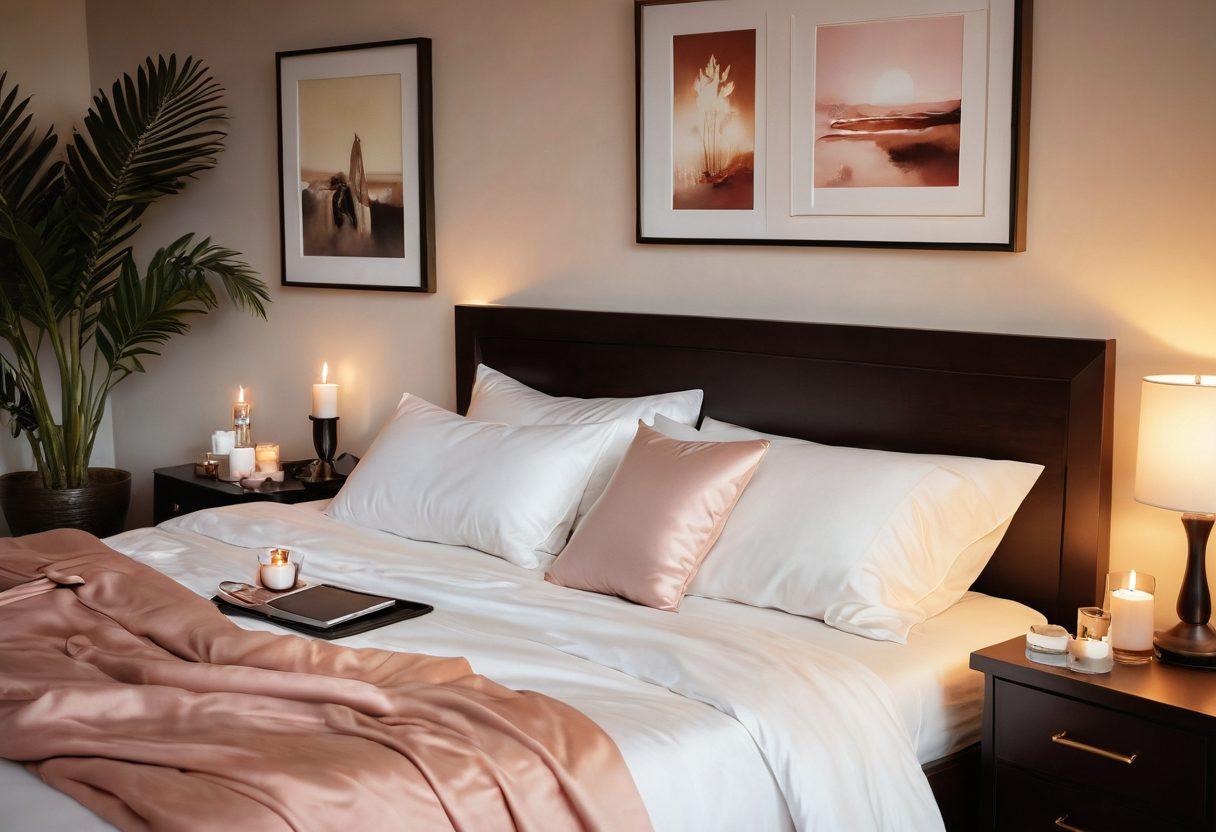 A stylized illustration of a calming, intimate space, featuring a cozy bed adorned with luxurious satin sheets, surrounded by soft candles and serene lighting. Include tasteful adult products artfully arranged on a bedside table, such as massage oils and elegant toys, alongside an open laptop displaying a blog titled 'Exploring Pleasure'. The atmosphere should evoke warmth, privacy, and a sense of exploration. warm colors. soft focus. modern illustration.